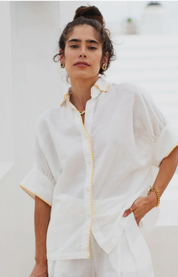 Cass Blouse w/ Embroidery in White Linen