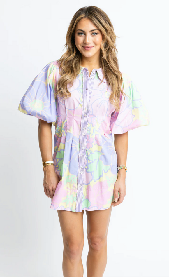 Pastel Large Floral Poplin Puff Sleeve Shirt Dress