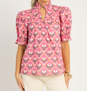 Pink Flower Ruffle Sleeve Top