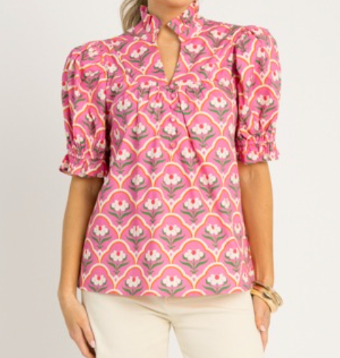 Pink Flower Ruffle Sleeve Top