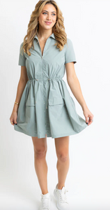 Solid Pocket Cinch Waist Dress