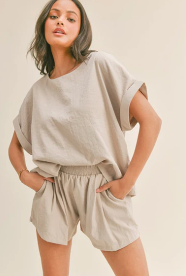 Oversized Short Sleeve Top with Belted Short in Taupe