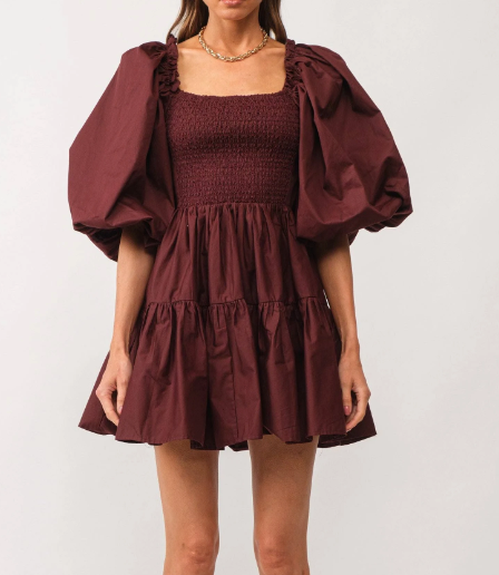 Smocked Mini Dress with Puffed Sleeve