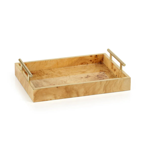 Leiden Burl Wood Design Rectangular Tray w/ Gold Handles-Medium