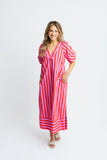 Stripe Vneck Puff Sleeve Maxi Dress