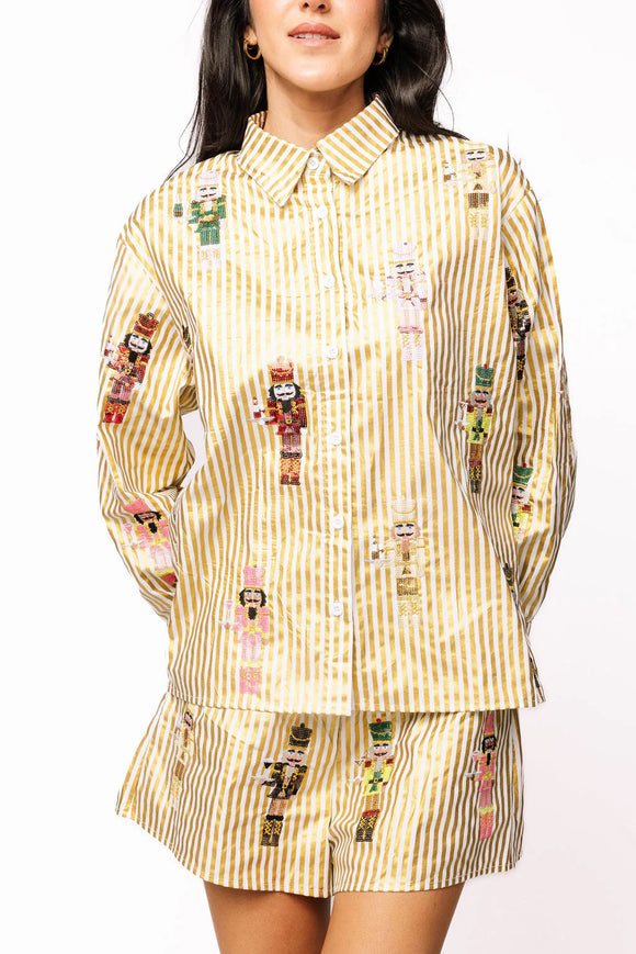 Gold Metallic Stripe Cocktail Serving Nutcracker Button Up Top