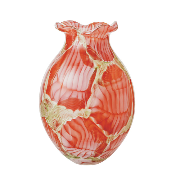 Handmade Art Glass Vase, Green & Coral Color