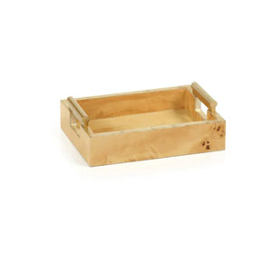 Leiden Burl Wood Design Rectangular Tray w/ Gold Handles- Small