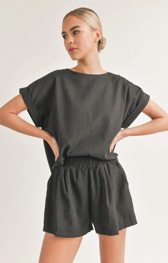 Oversized Short Sleeve Top with Belted Short in Black