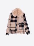 Camel Check Fringe Bomber Jacket