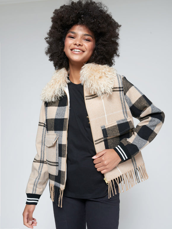 Camel Check Fringe Bomber Jacket