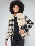 Camel Check Fringe Bomber Jacket