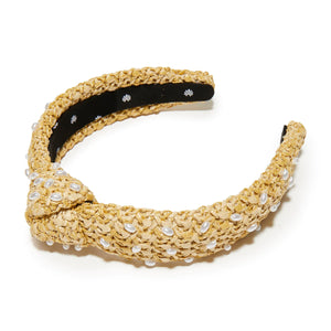 NATURAL PEARL EMBELLISHED RAFFIA SLIM KNOTTED HEADBAND