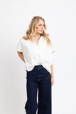 White Solid Poplin Vneck Bubble Top
