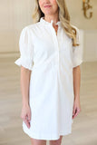 Solid Poplin Ruffle Neck Pleat Back Tie Dress