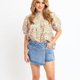 Floral Button Pleat Slv Top