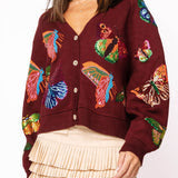Maroon Multi Butterfly Button Up Knit Cardigan