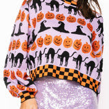 Lavender, Black & Orange Checker Trim Halloween Icon Sweater