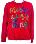 RED MERRY EVERYTHING GLITTER SCRIPT SWEATER
