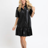 Solid Pleather Puff Slv Ruffle Dress