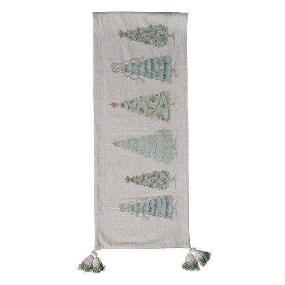 Table Runner with Trees, Embroidery, Beads, French Knots & Tassels