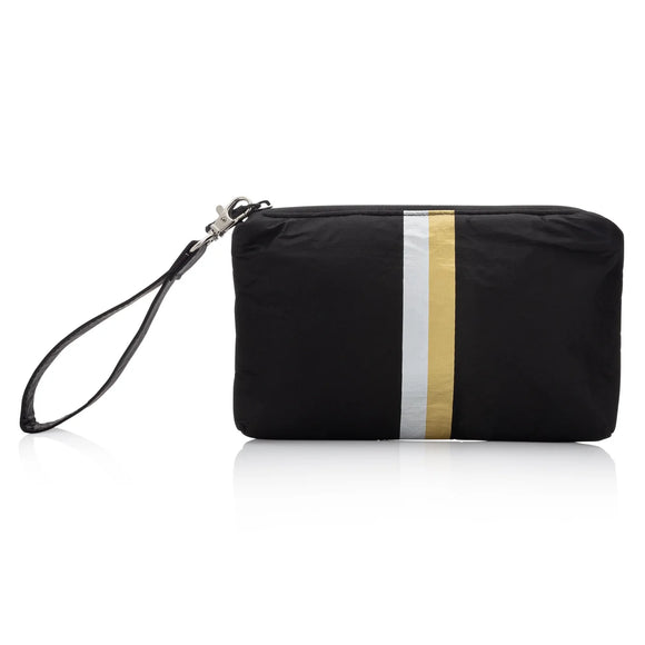 Zip Wristlet in Black with Silver & Gold Stripes