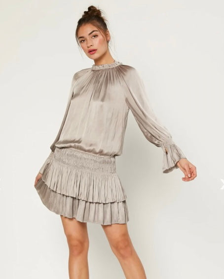 High Neck Pleated Dress-Taupe