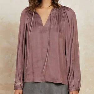 Split Neck Long Sleeve Top-Mauve Brown