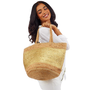 Golden State of Mind Natural Jute Woven Tote Bag with Metallic Gold Accent - Jute