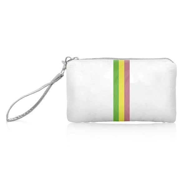 Zip Wristlet in Shimmer White with Colorful Green, Yellow, and Pink Stripes